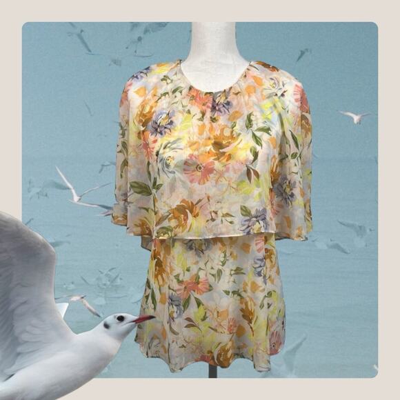 ZARA Floral Cape Blouse Top Womens Small Yellow Peach Short Sleeve Chiffon Sheer - Picture 7 of 13